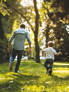 亲子户外活动摄影照片_小男孩和爸爸在草坪上追逐打闹背影