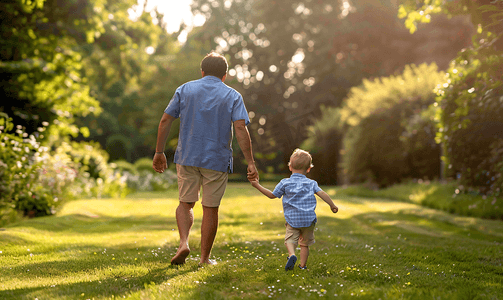 暑假亲子摄影照片_小男孩和爸爸在草坪上追逐打闹背影