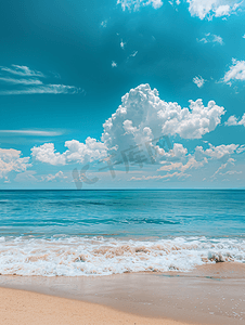 蓝色小清新夏日摄影照片_蓝天白云沙滩度假