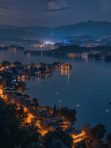 亭台楼阁背景摄影照片_西湖夜景全景