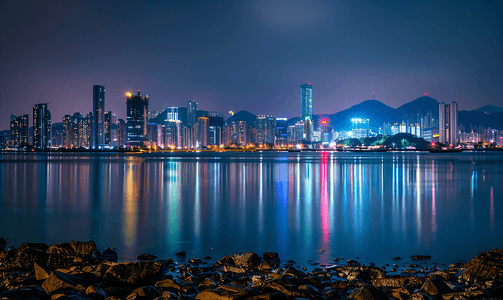 深圳海摄影照片_深圳福田区海岸线城市风光夜景