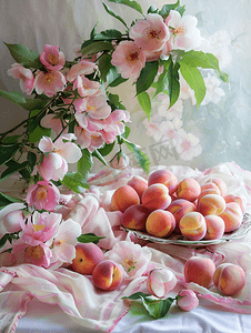 文艺摄影照片_早晨桌布上的粉色桃子