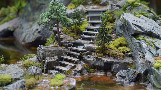 山林林间小路模型立体描绘摄影照片AIGC