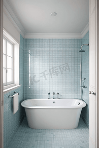 浴室摄影照片_浅色浴室白色浴缸摄影配图0