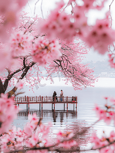 樱花浪漫时摄影照片_西湖樱花浪漫时