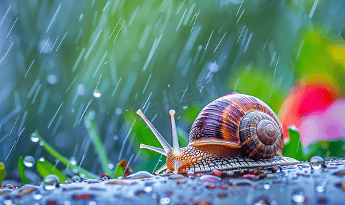 谷雨节气摄影照片_下雨天蜗牛雨水节气