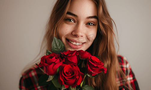 鲜花小清新背景摄影照片_情人节收到玫瑰的女人