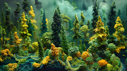 丛林立体摄影照片_奇幻森林丛林模型立体描绘摄影照片矢量