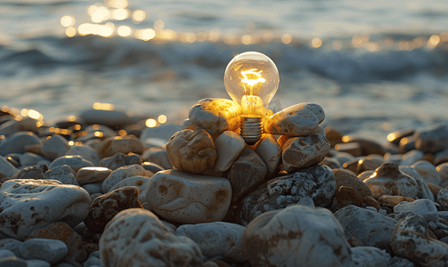 自然风景摄影照片_海边石头堆上发光的灯泡