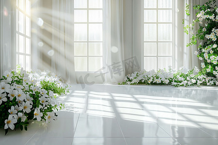 白色室内装饰落地窗立体描绘摄影照片高级