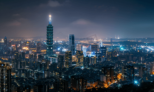 黄昏夜晚天空摄影照片_中国台湾省台北101大楼夜景
