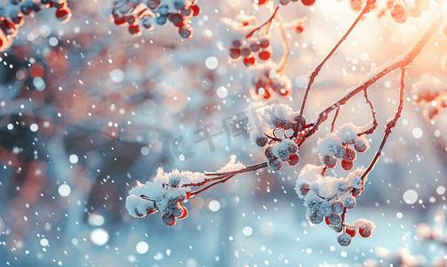 小清新小寒摄影照片_冬天树枝积雪