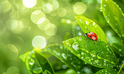 春天雨水摄影照片_雨天绿叶上的瓢虫摄影9
