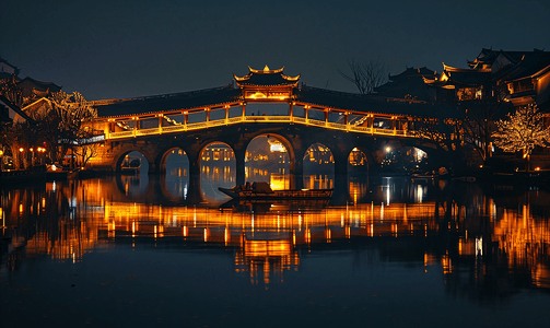 桥夜色摄影照片_乌镇夜色古桥