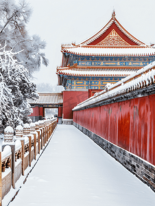 中国风古风红色摄影照片_北京故宫红墙的雪景