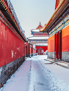 中国风红背景摄影照片_北京故宫红墙的雪景