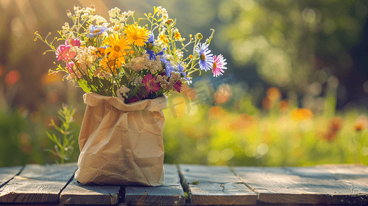 纸袋中的彩色野花摄影