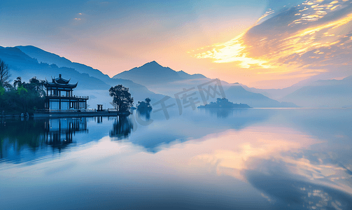 生肖鸡水墨摄影照片_千岛湖黎明风景