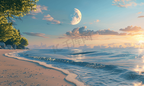 海边风景素材摄影照片_海边宁静的明月