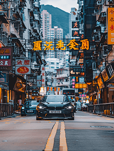 街景钢笔淡彩摄影照片_香港街景叮叮车