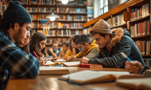 帅哥摄影照片_在图书馆学习的大学生