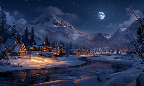 夜晚雪景摄影照片_北极村宁静的夜晚