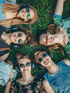 青春学生躺草地上听音乐
