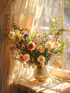 花瓶吹落摄影照片_七夕家里窗边的桌子上摆了一束美丽的花束。文本空间