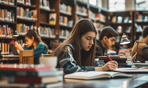 在图书馆学习的大学生