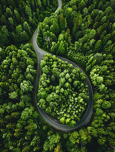 手绘自驾游摄影照片_航拍蜿蜒道路与森林