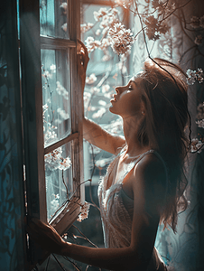 开窗呼吸摄影照片_春天开窗透风的女孩
