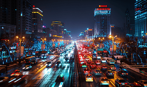 下班高峰期摄影照片_忙碌北京北二环夜景车流