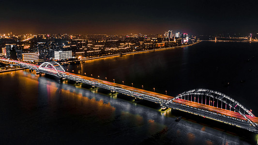 航拍夜晚移动杭州夜景天际线复兴大桥夜景