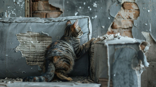 沙发猫摄影照片_灰色沙发猫猫立体描绘摄影照片