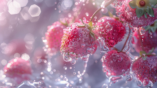 创意新鲜草莓水分立体描绘摄影照片