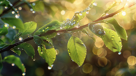绿叶水珠摄影照片_春天树枝上绿叶水珠的摄影16高清摄影图