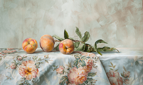简约墙纸背景摄影照片_早晨桌布上的粉色桃子