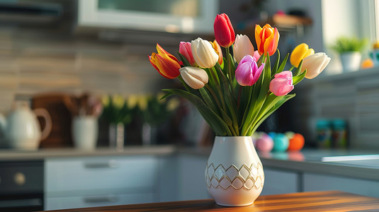 厨房桌面摆放花瓶花朵彩蛋的摄影2高清图片
