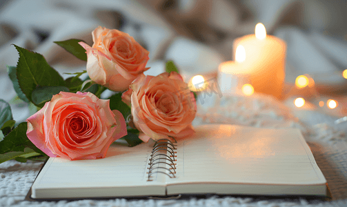 唯美纯色背景摄影照片_温馨浪漫玫瑰花与空白本子