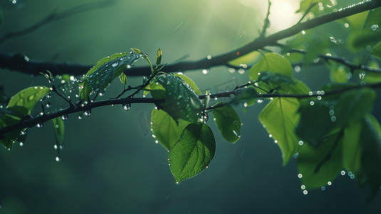 春天树枝上绿叶水珠的摄影11高清摄影图