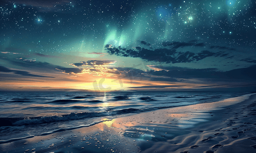 星河补习摄影照片_海滩上的北极光夜间冬季景观