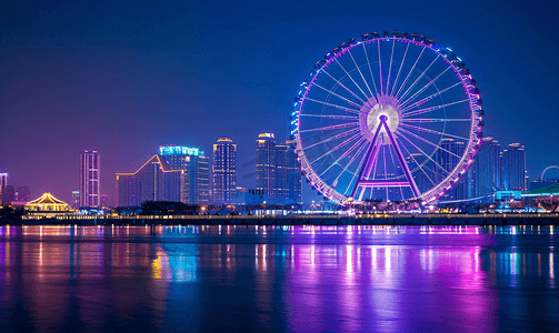 夜景车流摄影照片_天津摩天轮天津夜景