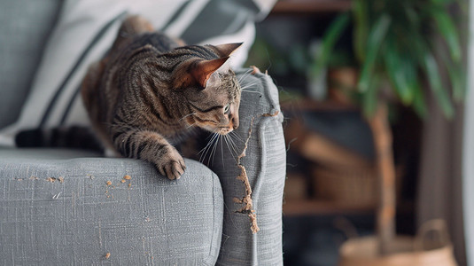 灰色沙发猫猫立体描绘摄影照片