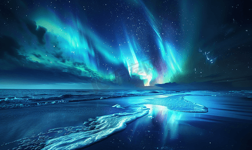 冬天的夜景摄影照片_海滩上的北极光夜间冬季景观
