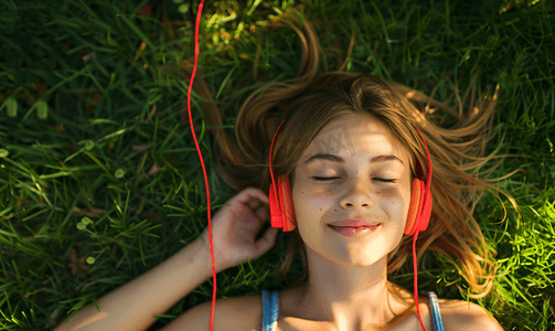 戴耳机的女生摄影照片_躺在草坪听歌的女生