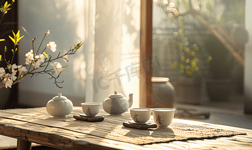 中式祥云边框纹理摄影照片_功夫茶茶桌新中式风格