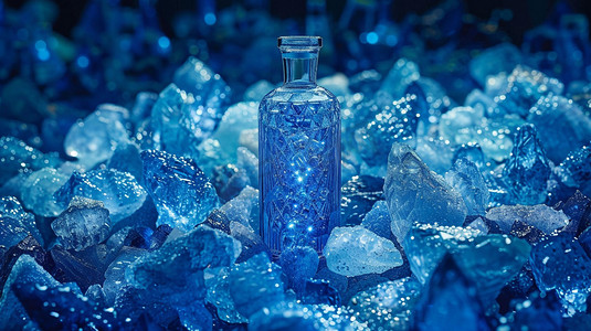 春节边框3d立体摄影照片_建模蓝色水晶小瓶立体描绘摄影照片