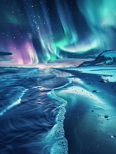 海滩上的北极光夜间冬季景观