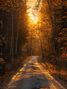 秋天日落时美丽的树林与公路美景