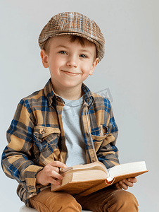 书小孩摄影照片_拿着书本坐在书旁的快乐男孩